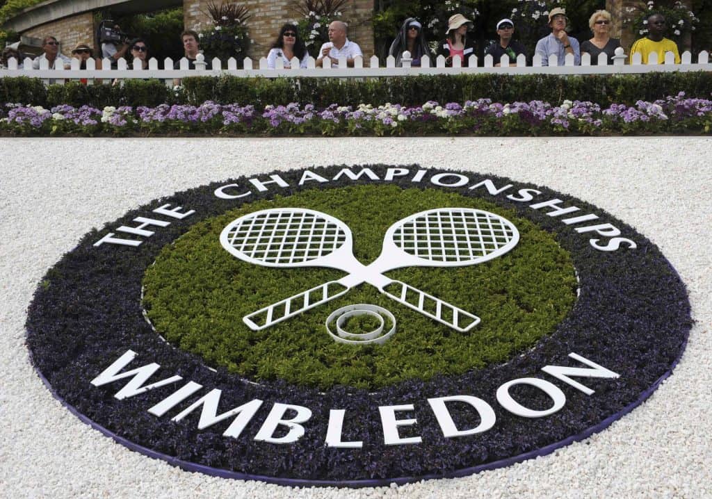 A Wimbledon logo is seen inside the grounds at the Wimbledon tennis championships in London